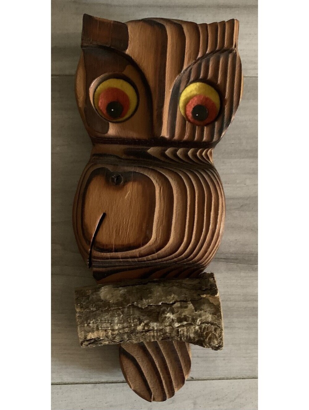 Vintage Wall Art Wooden Perched Owl Handcrafted Orange Felt Eyes 70s